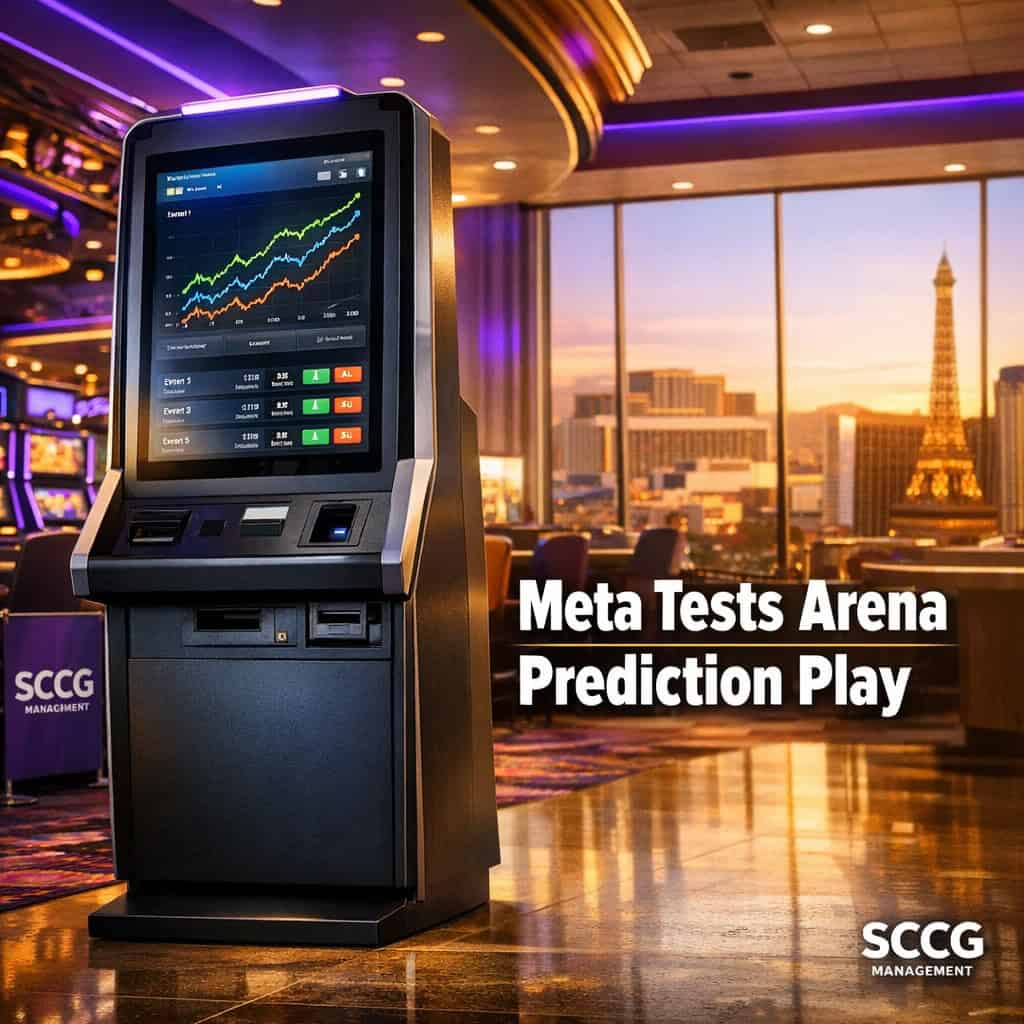 A modern self-service betting kiosk on a bright casino floor displays a live prediction market interface with upward event lines.