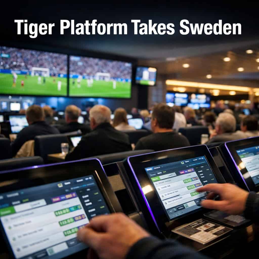 A modern sportsbook venue in Sweden with multiple large screens showing live football matches, patrons seated at betting terminals, and bright overhead lighting creating a focused atmosphere.