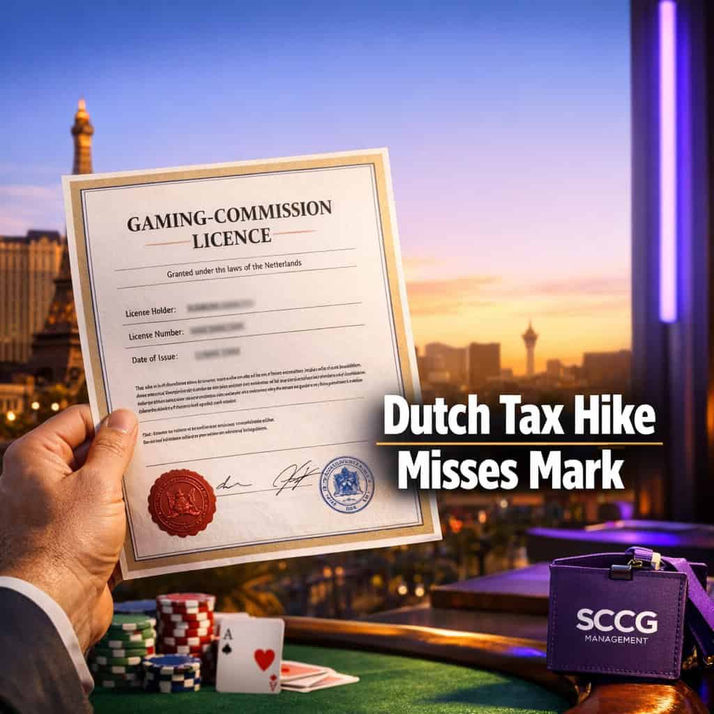 An official Dutch gaming licence certificate held up against a clear sky, symbolizing the regulatory tax shortfall.