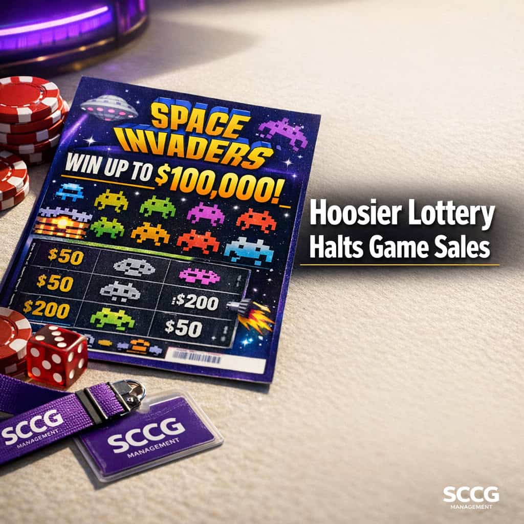 Close-up of a Space Invaders Cash Invasion scratch-off ticket clearly showing a $100,000 prize under bright daylight.