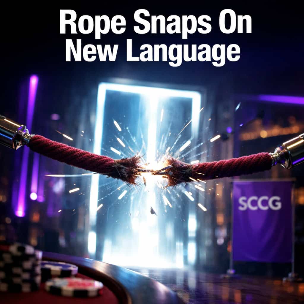 A velvet rope snaps taut across a glowing portal, marking the boundary between old and new regulatory language.
