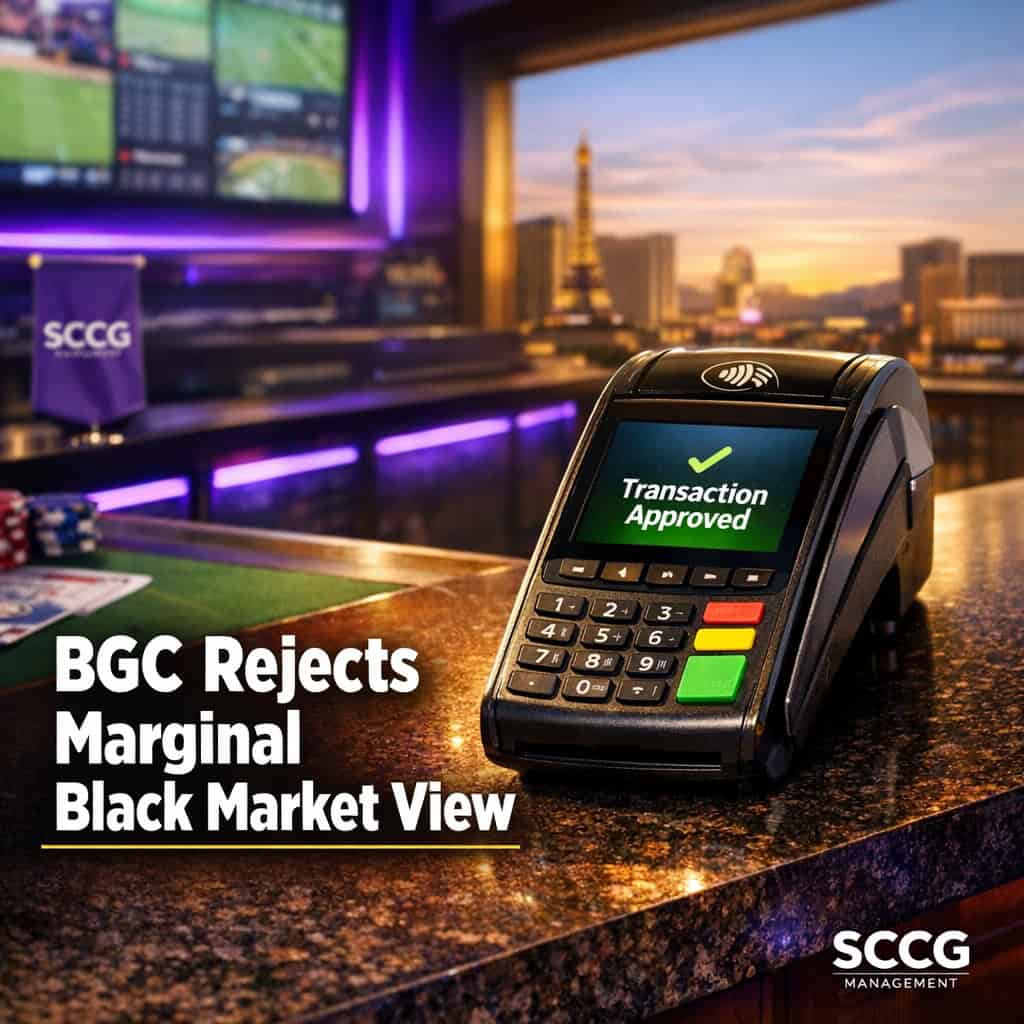 Card-payment terminal on a bright sportsbook counter screen showing transaction approved.