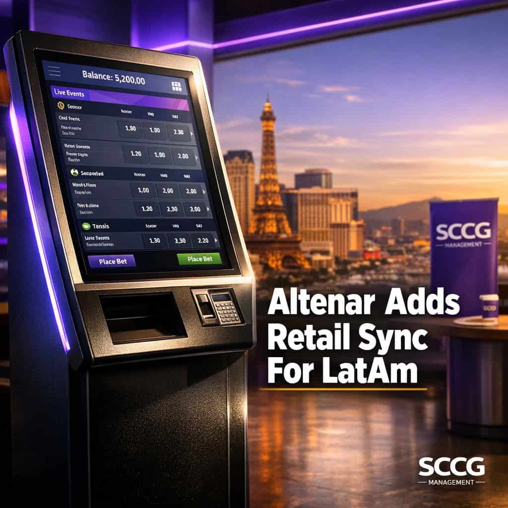 A modern self-service betting terminal on a bright floor displays synchronized live odds and account balance.