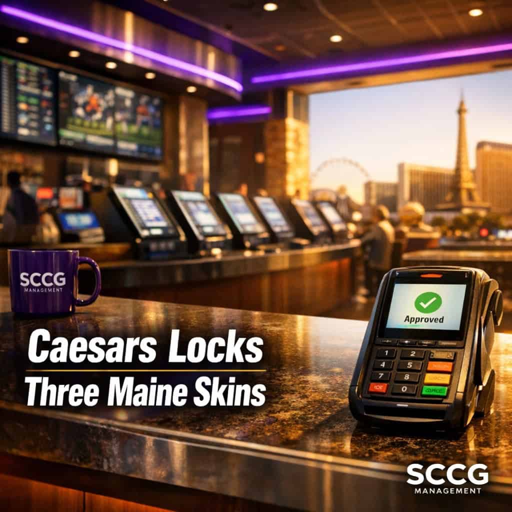 Active sportsbook counter with multiple betting kiosks and a card-payment terminal displaying an approved screen under bright daylight.