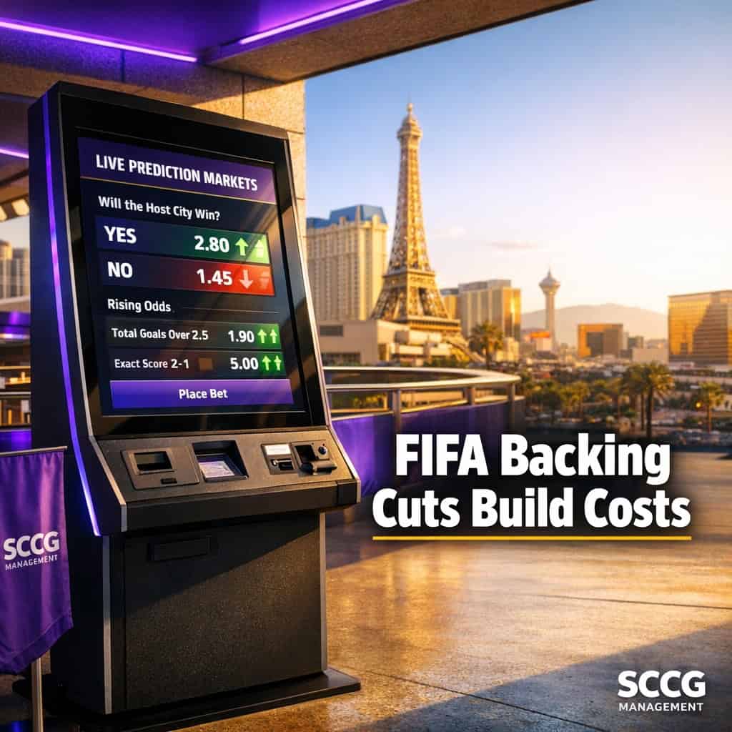 Self-service betting kiosk on a sunlit stadium concourse screen showing live prediction market odds.