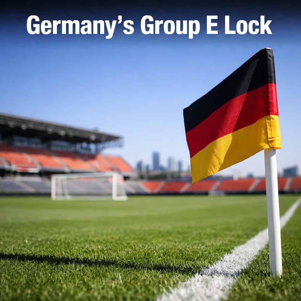 Green World Cup pitch in Houston with German national team flags and empty stands under clear daylight.