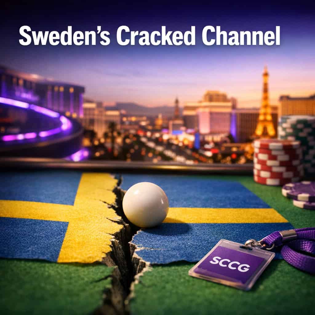 A roulette ball mid-roll divides cleanly along a crack running through a Swedish flag laid flat beneath it on felt.