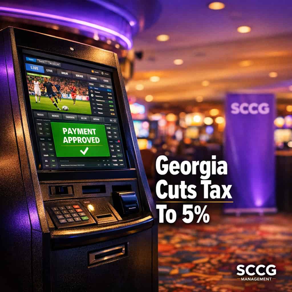 A self-service betting terminal on a casino floor shows a green approved payment confirmation on its screen.