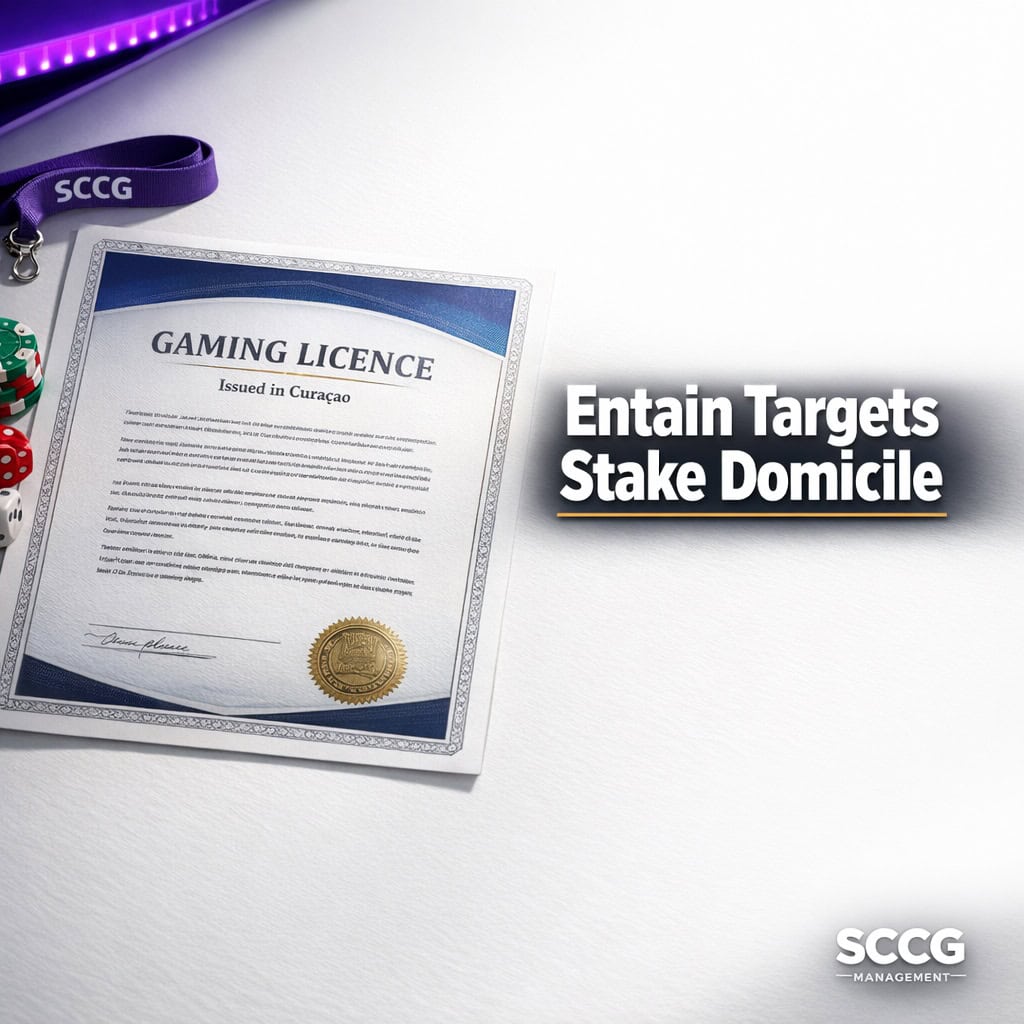 Curaçao-issued gaming licence certificate on a bright surface under strong directional light with clean space on the right.