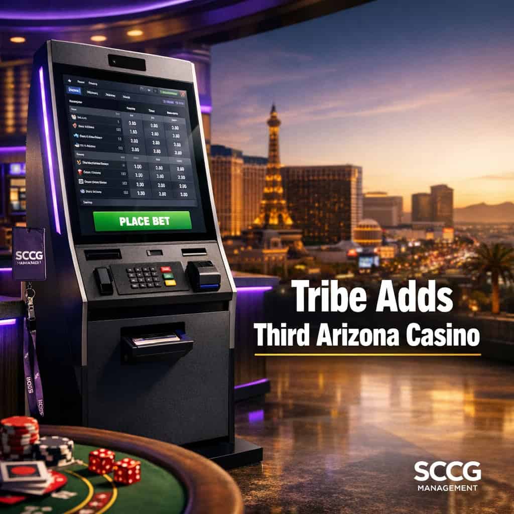 A modern self-service sports betting terminal on a casino floor displays live odds and a place-bet button under bright studio lighting.