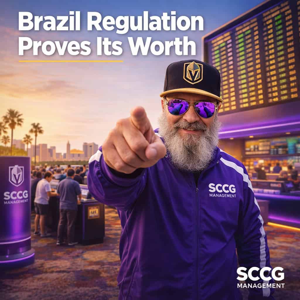 Man in purple SCCG MANAGEMENT jacket stands on a bright Brazilian sportsbook floor, confidently pointing forward with a large glowing odds board and active betting counter behind him.