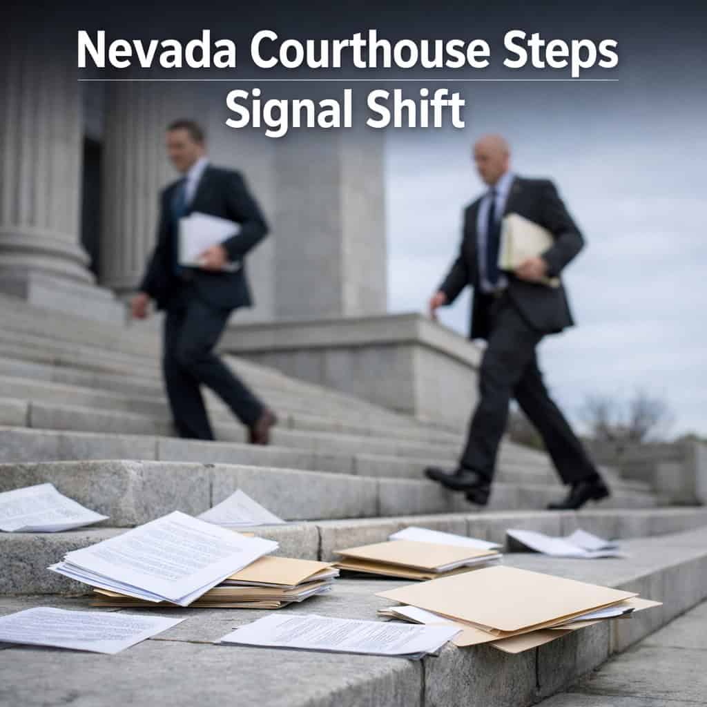 Nevada state courthouse steps with legal documents and papers under arm in morning light