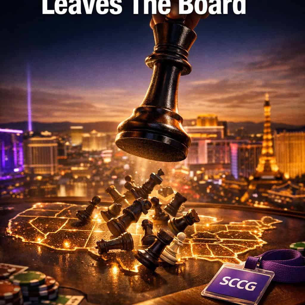 A single oversized chess piece being lifted from a glowing map of North America while smaller pieces scatter across state borders.