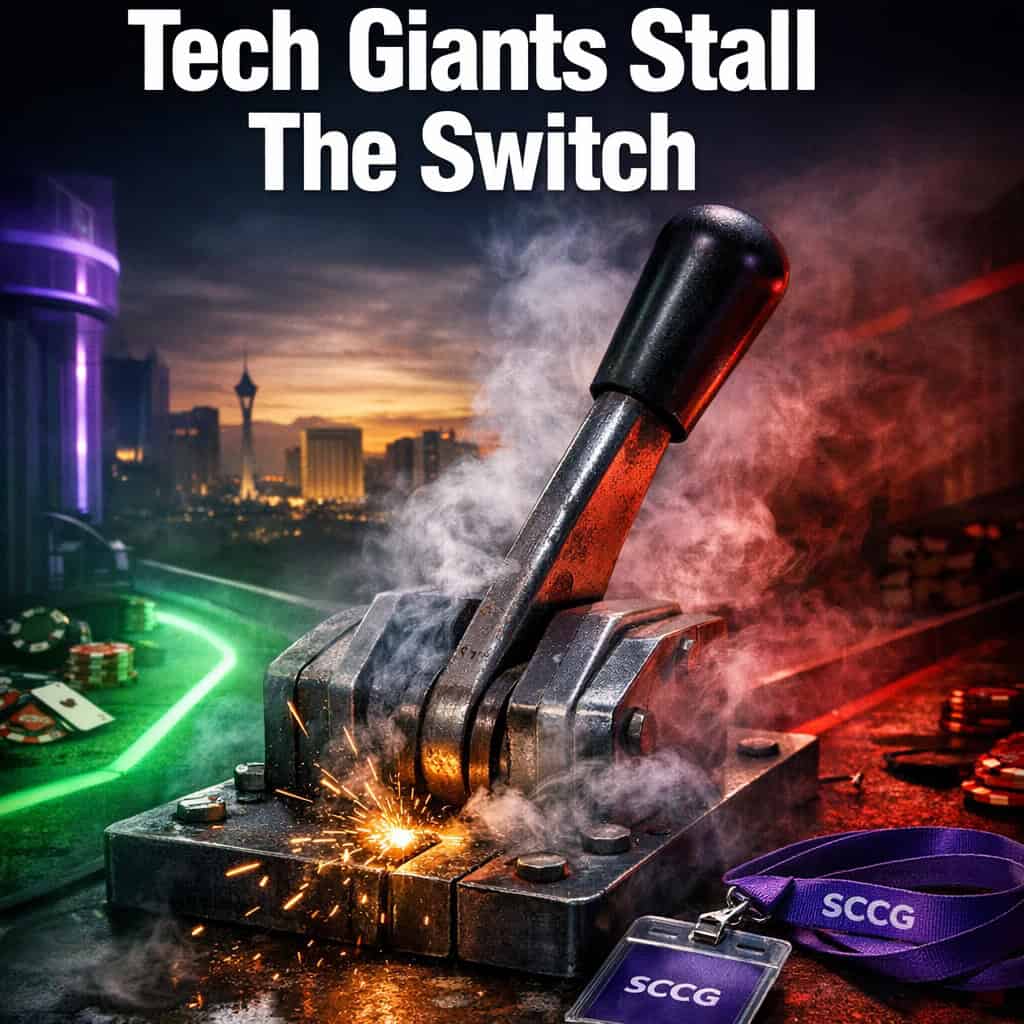 A massive digital switch lever half-flipped between glowing green licensed paths and shadowy unlicensed gambling routes on a sleek control panel.