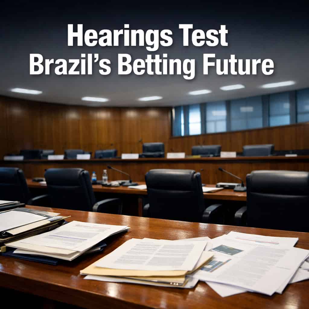 Brazilian legislative hearing chamber with documents spread on long wooden tables under formal overhead lighting during a committee session on online gambling regulation.