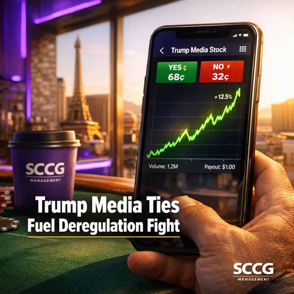A smartphone displays a prediction market trading app with a live political event bet and surging upward line under bright directional light.