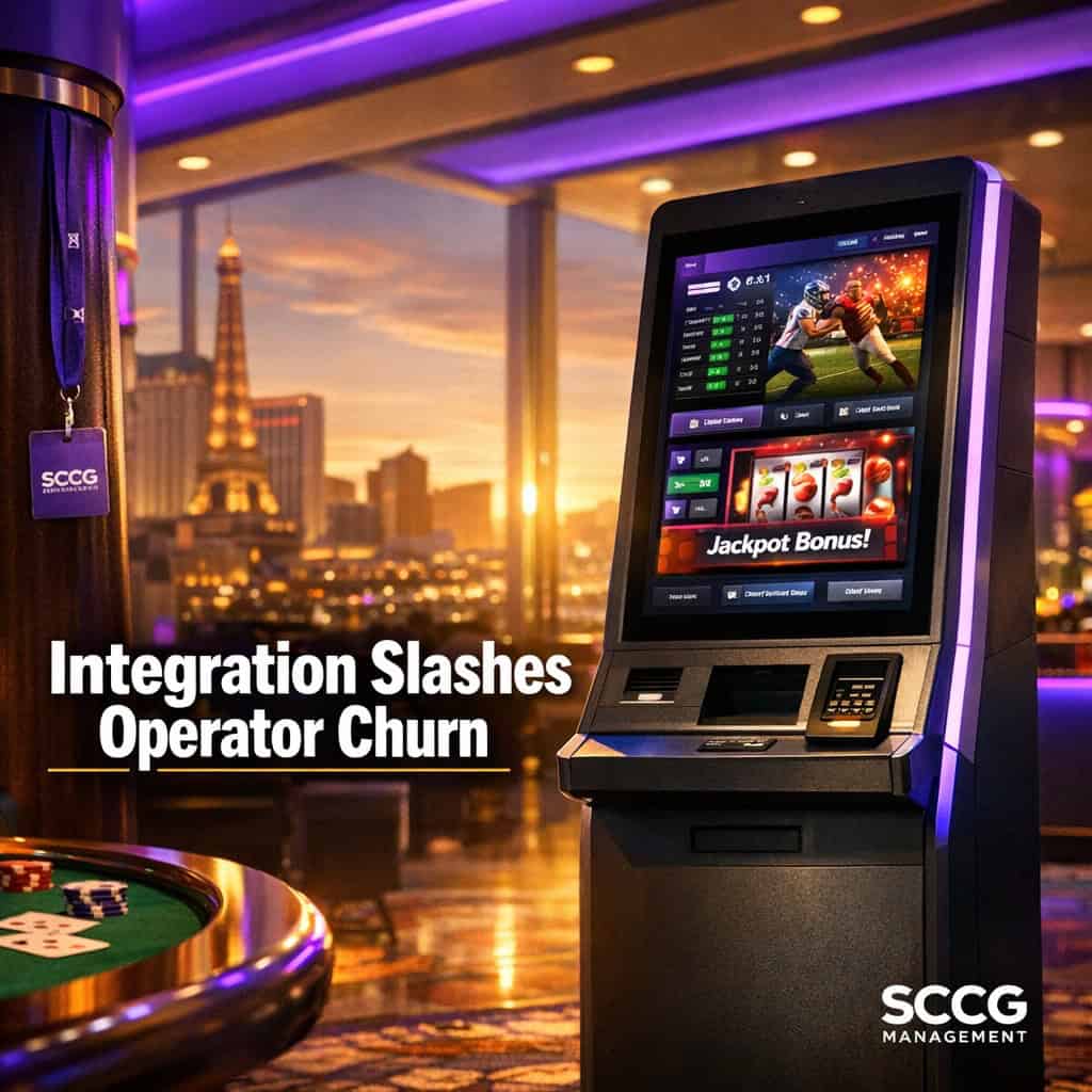 A modern self-service betting terminal displays integrated game and promotional features on its glowing screen in bright daylight.