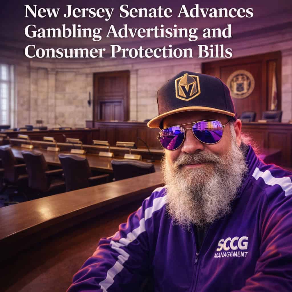 A New Jersey legislative hearing room with marble walls and empty chairs during a Senate committee session on gambling advertising regulations.