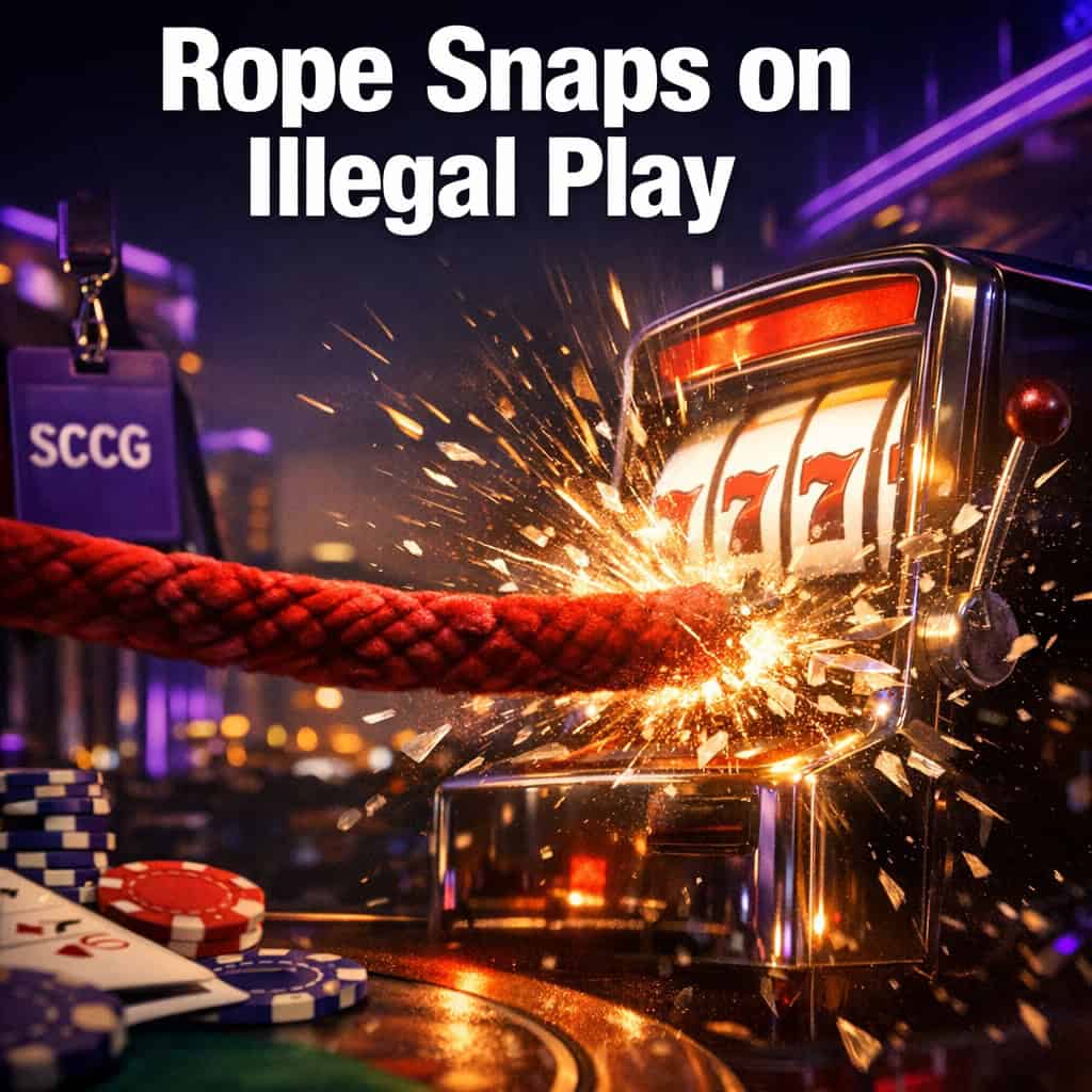 A massive velvet rope snaps taut across a glowing slot machine as debris and sparks erupt around the point of impact.