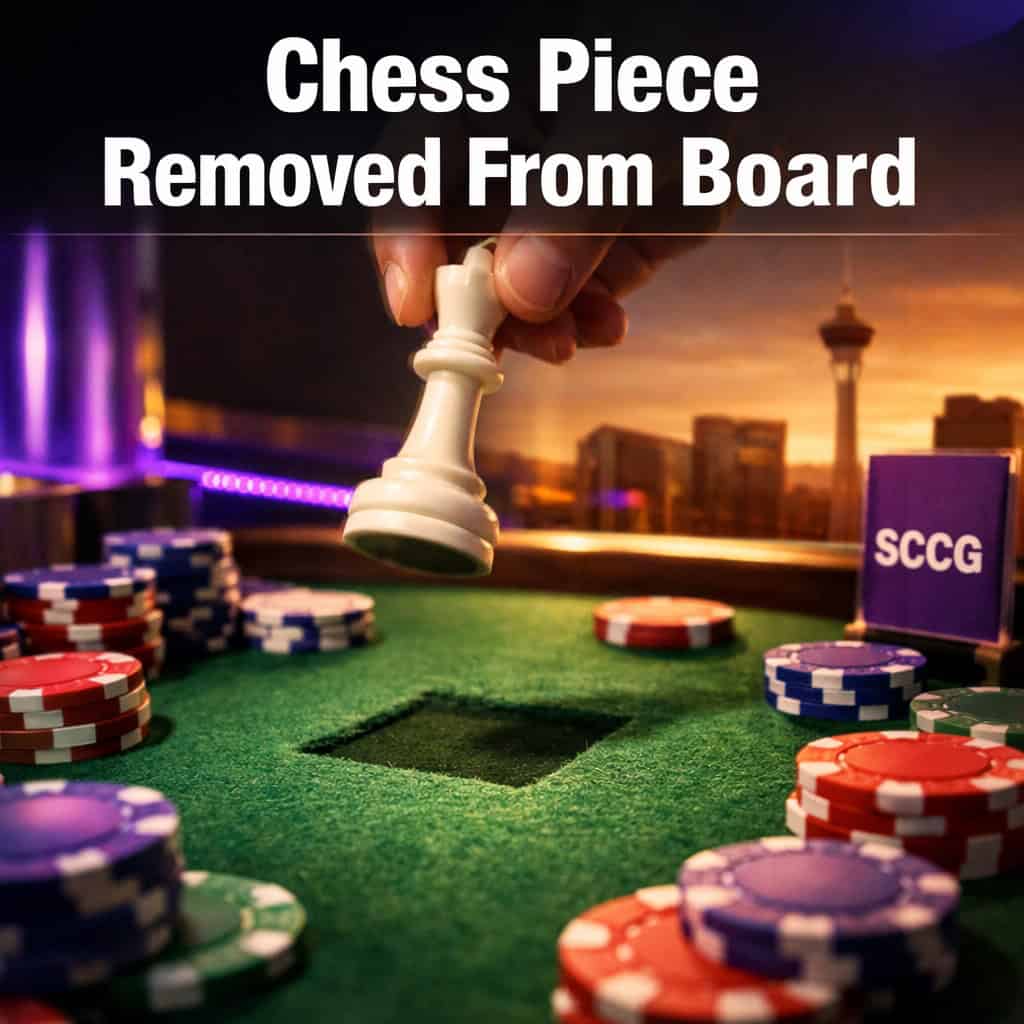 A single chess piece being lifted from a green felt gaming table by an unseen hand, leaving an empty square amid scattered chips under dramatic spotlight.