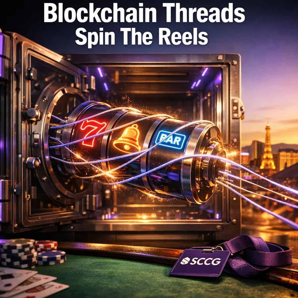 A glowing reel spins inside a transparent vault as blockchain threads wrap around its core.