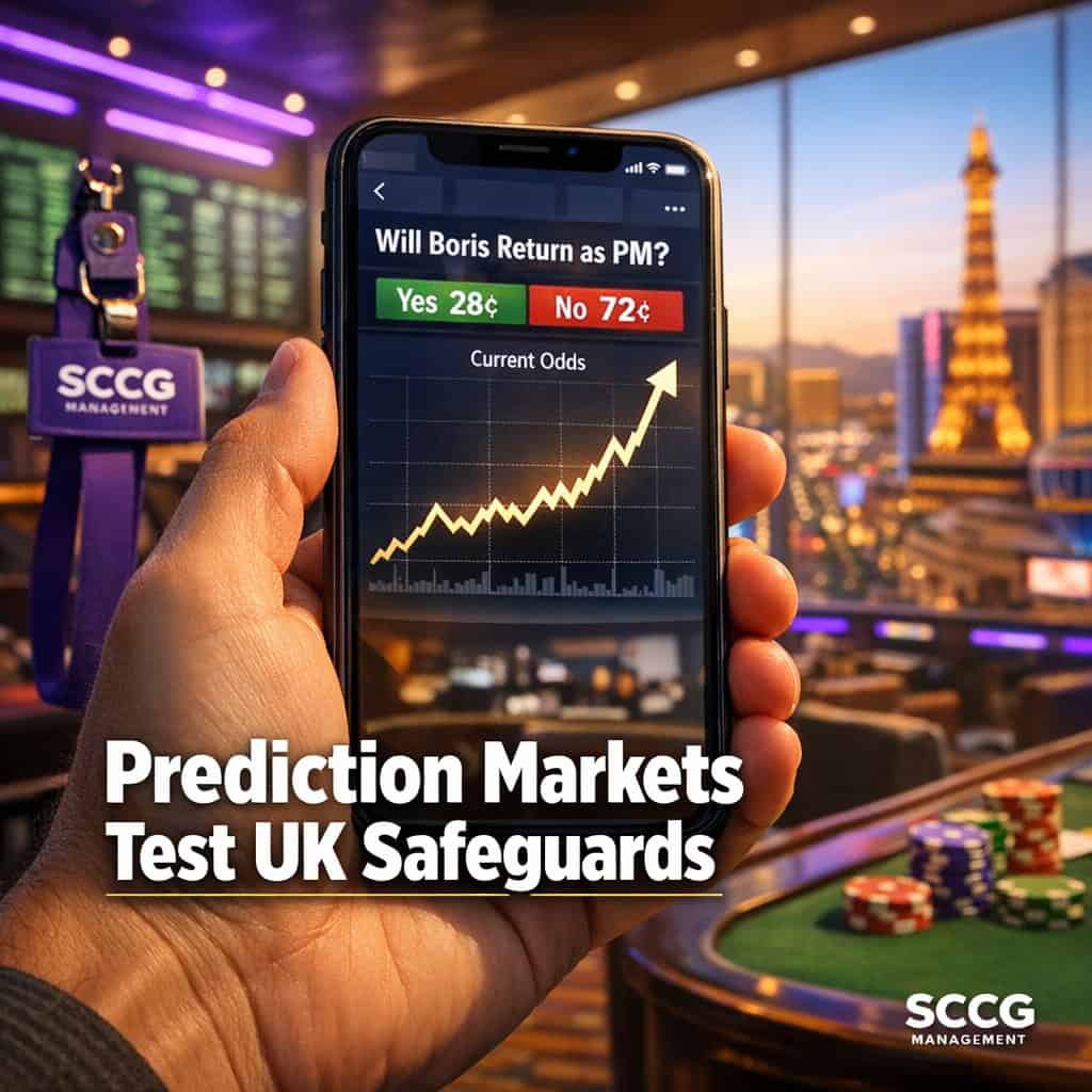 Smartphone screen showing a prediction-market trading app with live odds and an upward line on a sportsbook concourse.
