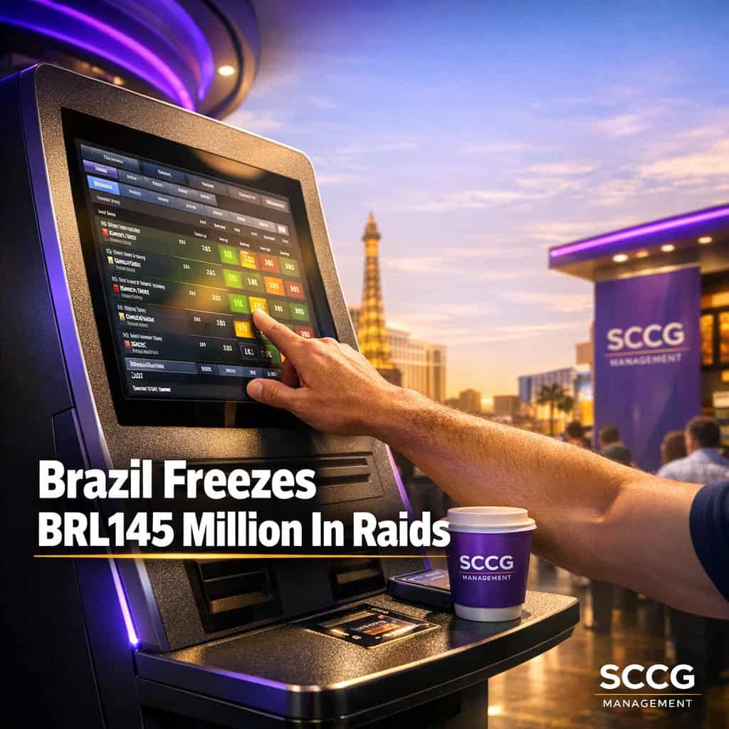 A hand placing a live wager on a self-service betting terminal screen showing active odds under bright daylight on a concourse.
