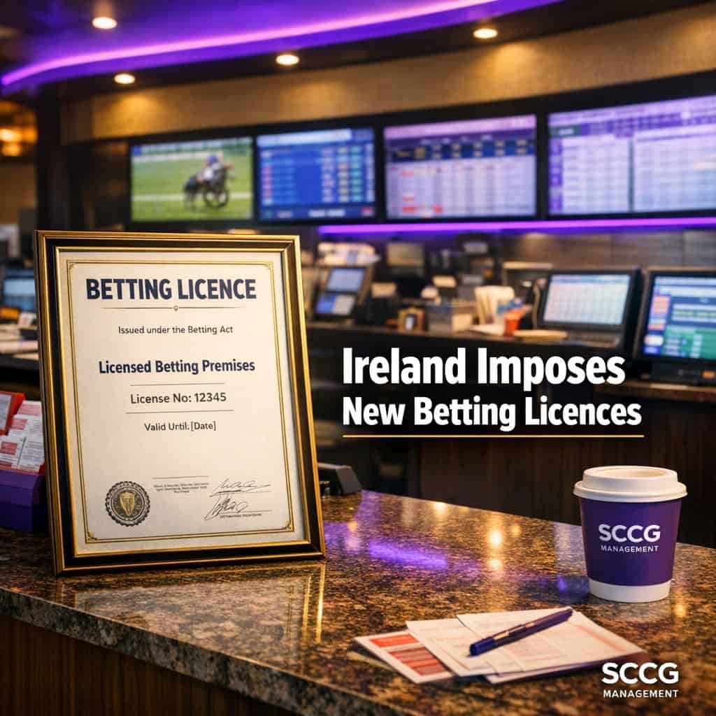 A physical B2C betting licence certificate displayed in front of a busy Irish sportsbook counter under bright daylight.