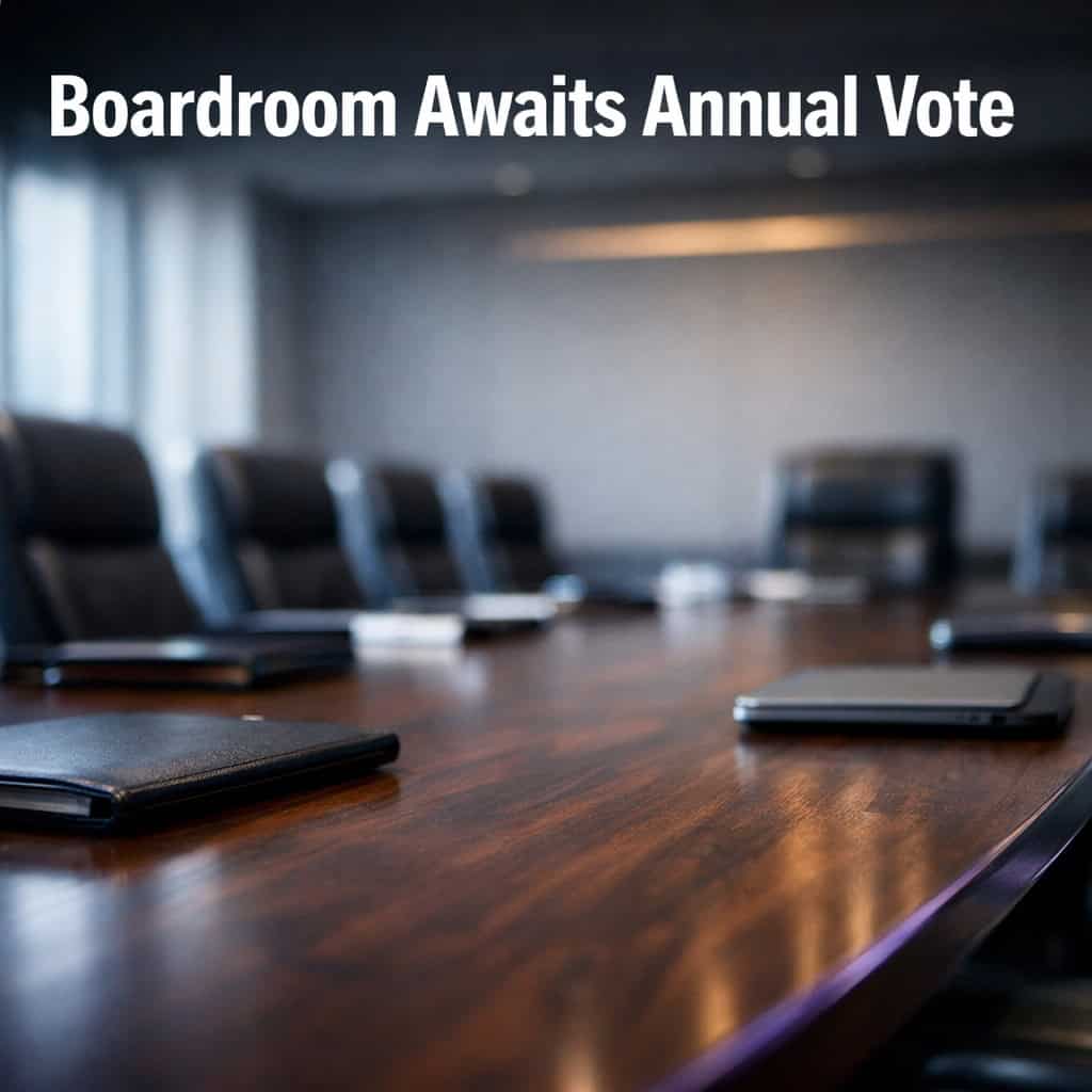 Empty corporate boardroom with long polished table, leather chairs arranged for vote, soft daylight from tall windows.