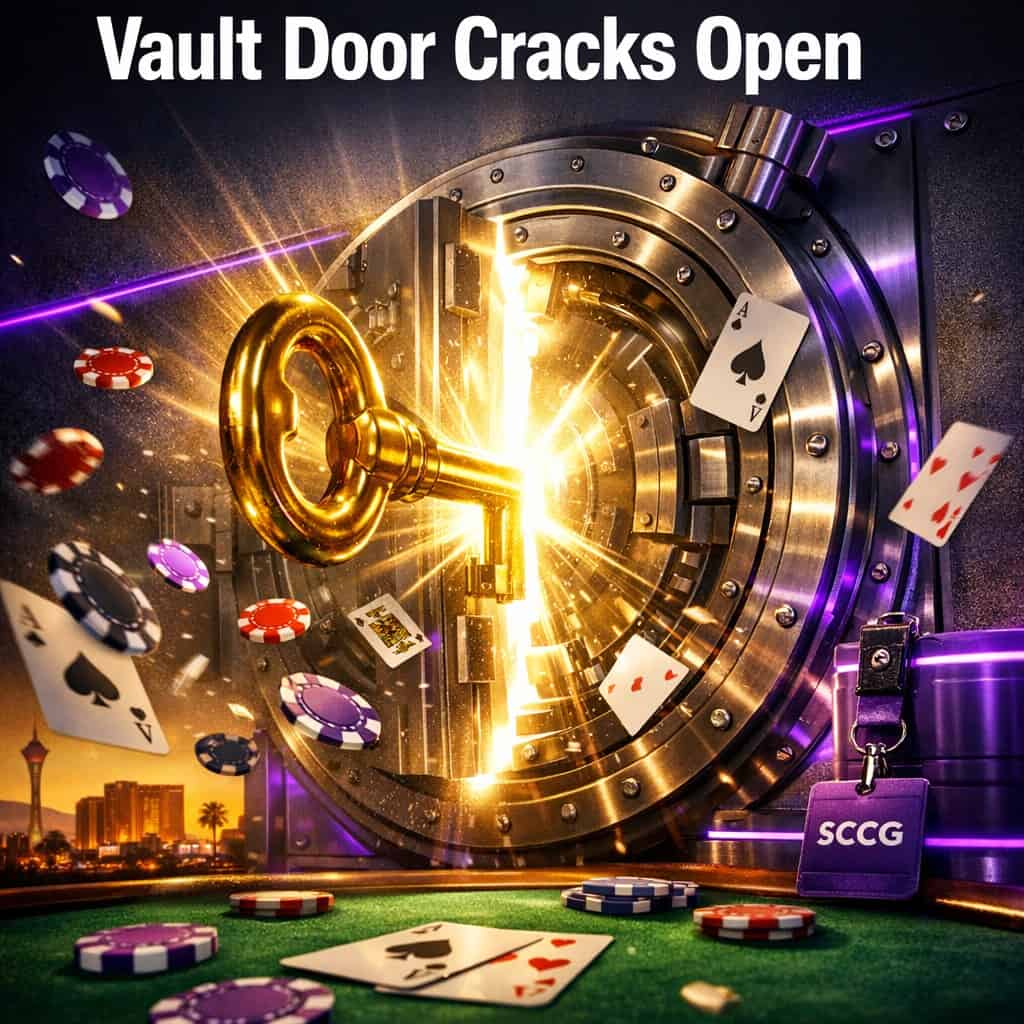 A colossal golden key turns inside an oversized vault lock as brilliant light explodes outward across a dark poker felt surface.