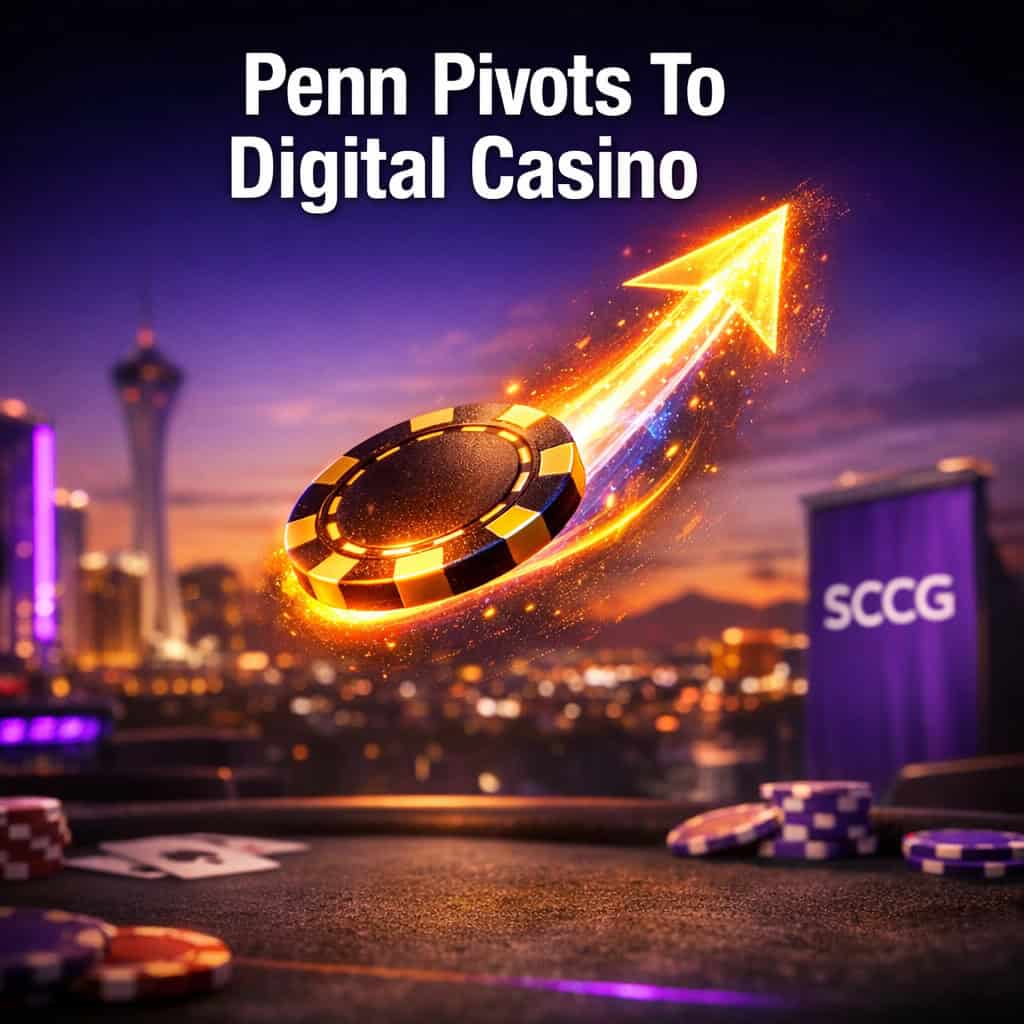 A single glowing casino chip flips upward with a bright digital light trail forming an ascending arrow against a softly blurred dark table.
