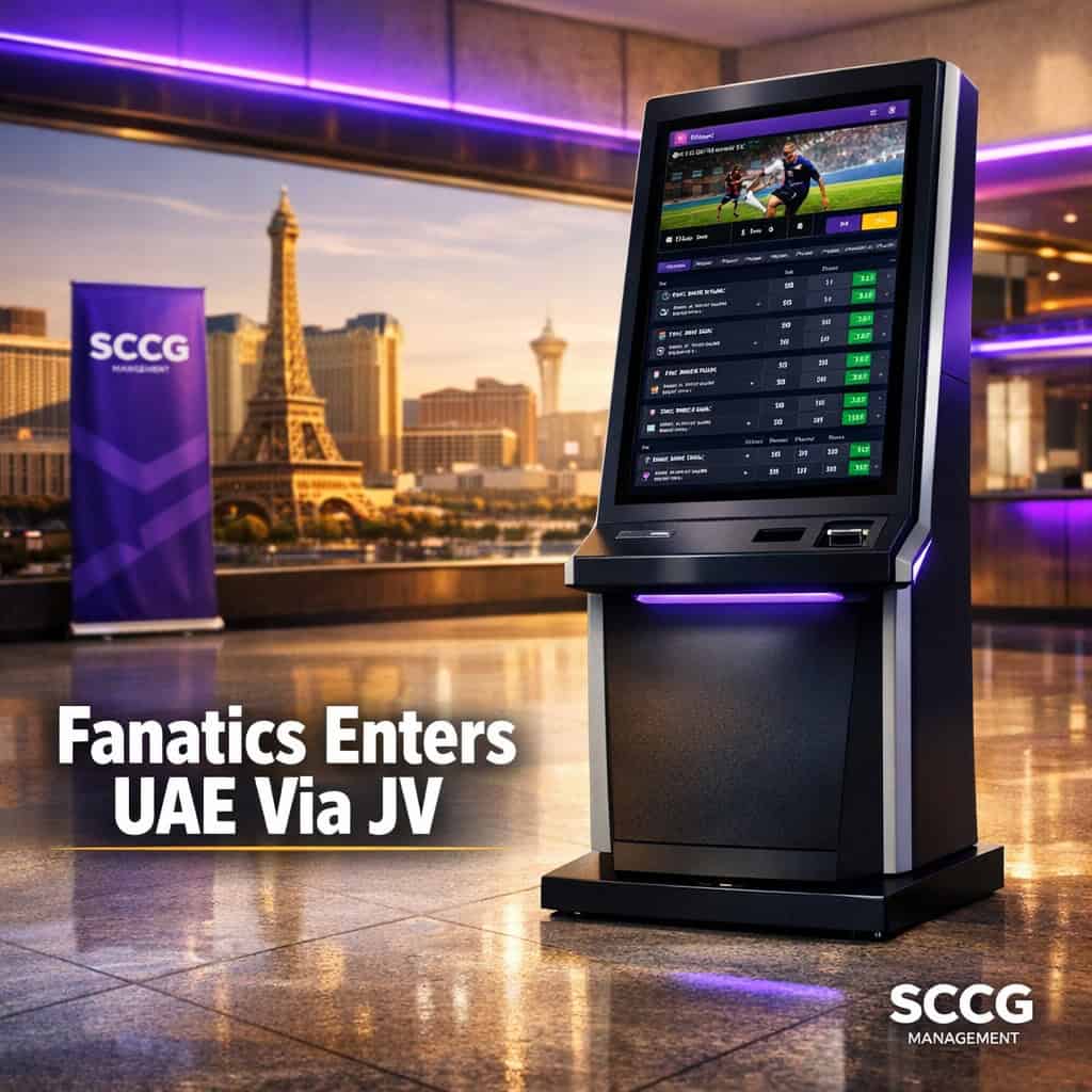 Modern betting terminal kiosk on a bright concourse displays a live sports betting interface.