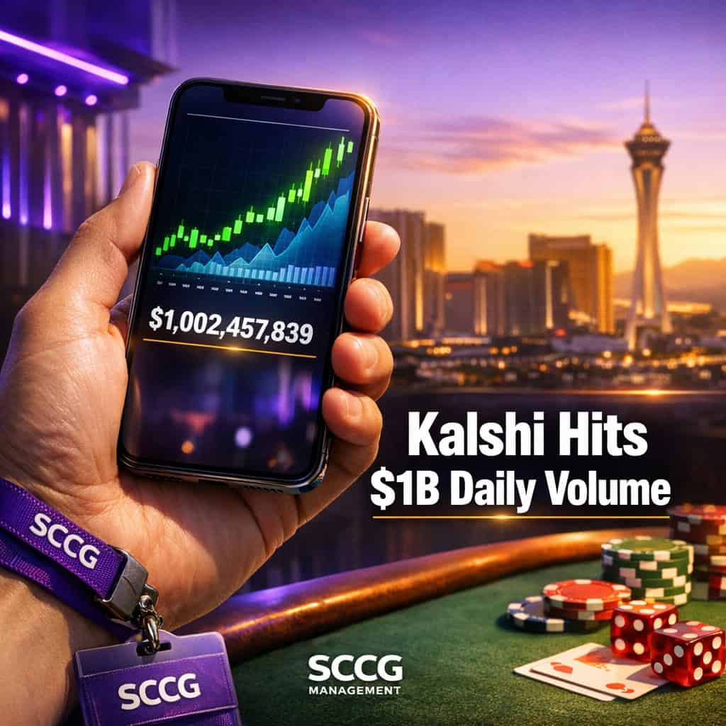 Smartphone displaying a prediction-market trading app with live volume ticker exceeding one billion dollars daily.