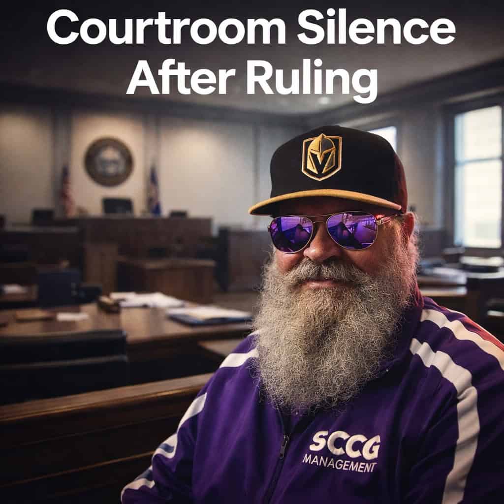 Empty Nevada courtroom with wooden benches, state seal on wall, and scattered legal documents on counsel tables under cool daylight.