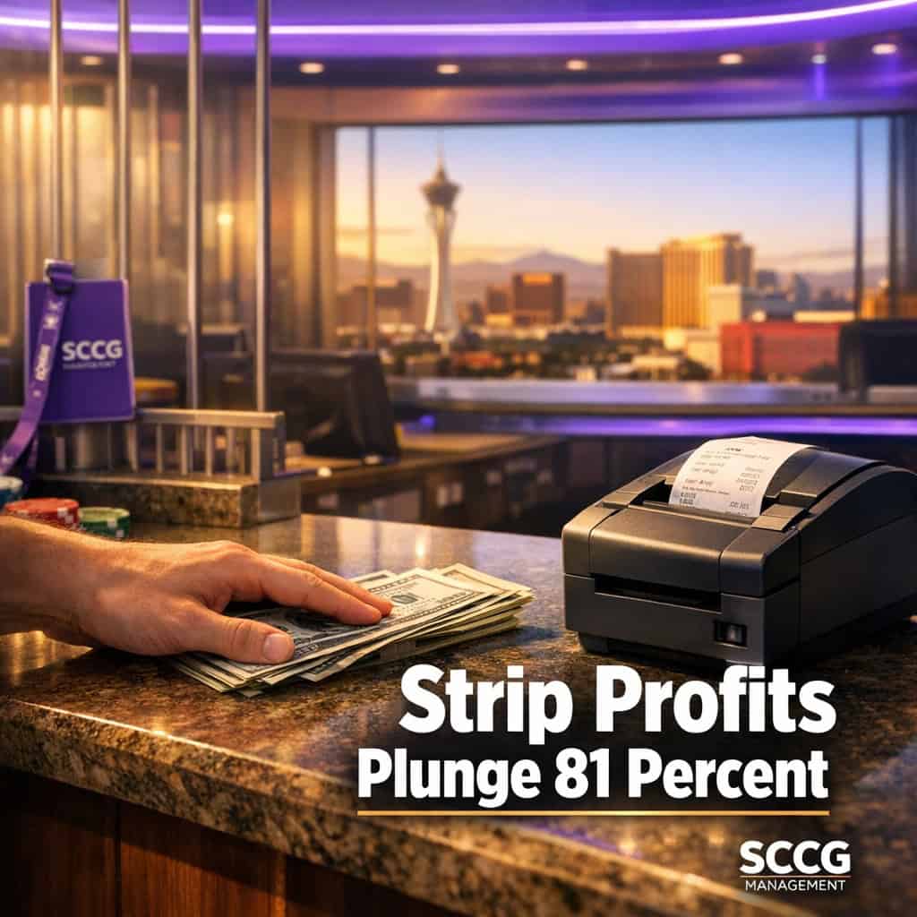 Bright casino cage cash desk with hand sliding cash toward receipt printer under strong directional light.