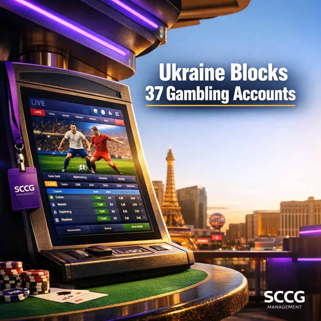 A betting terminal kiosk screen displays a live gambling advertisement on a bright concourse under strong daylight.