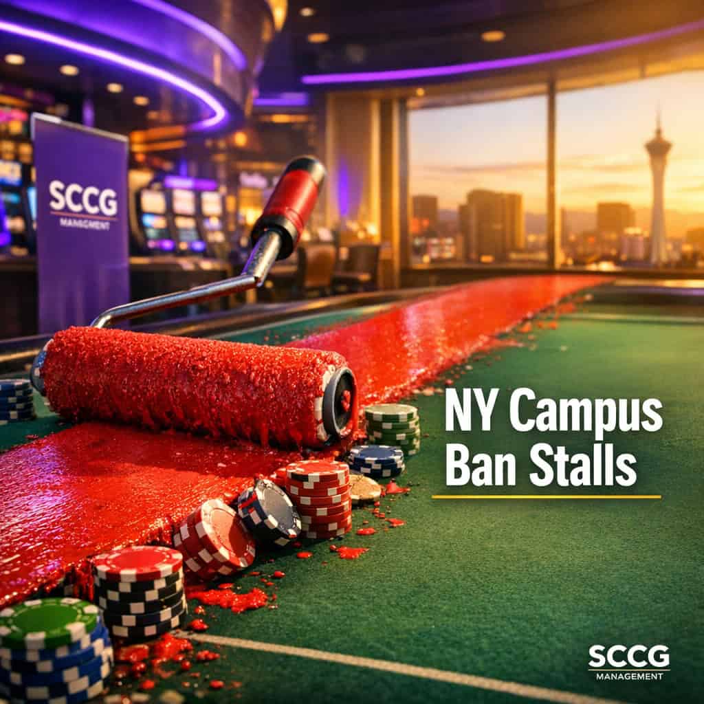 A vivid red line being painted across a sunlit casino floor, slicing through stacks of colorful chips with dynamic motion.