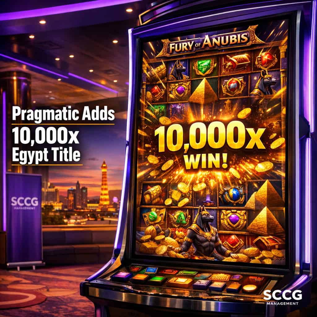 Slot machine screen showing Fury of Anubis with tumbling reels and a 10,000x multiplier win on a brightly lit casino floor.