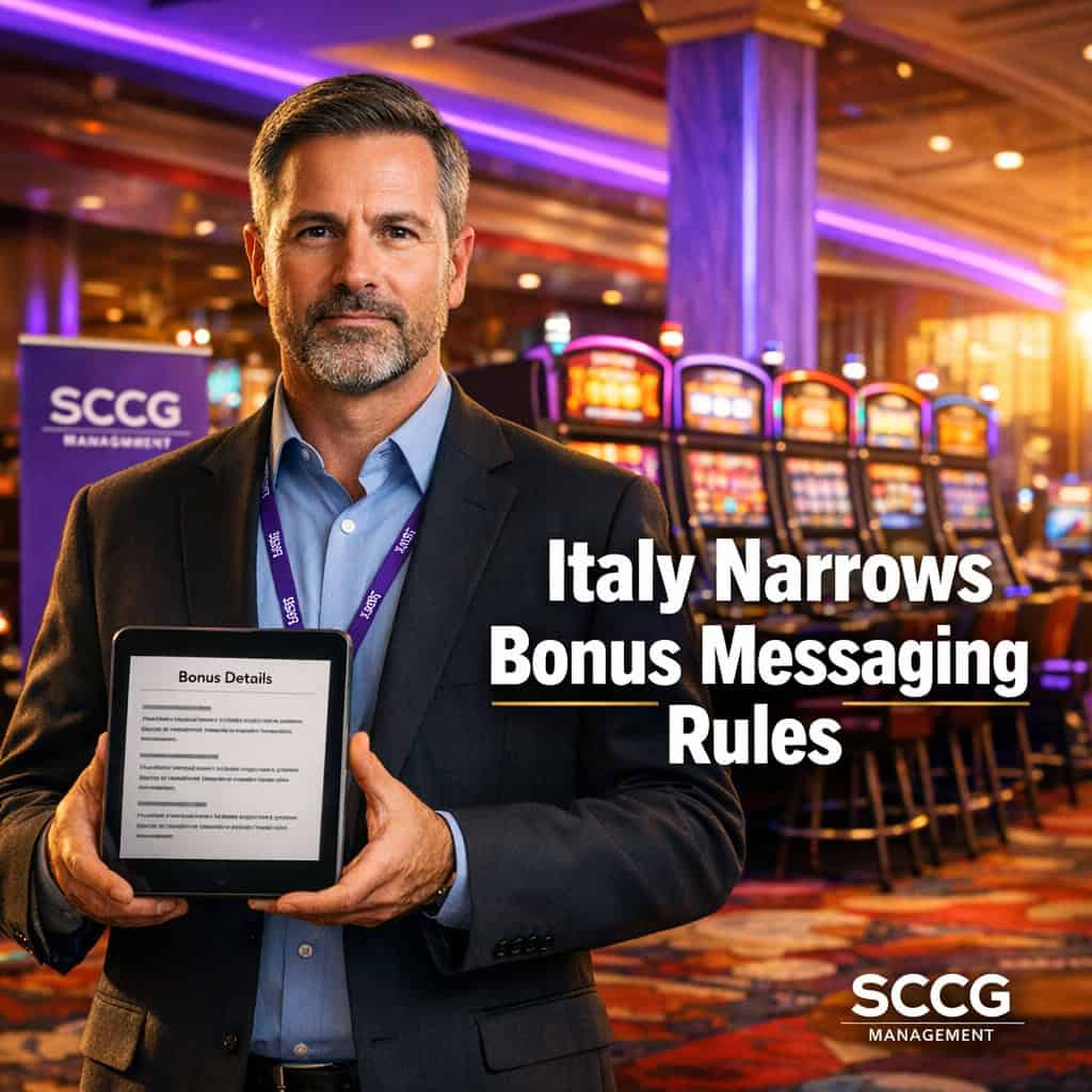 Compliance officer on a bright casino slot floor reviews a tablet showing factual bonus information under Italy’s updated regulatory guidelines.