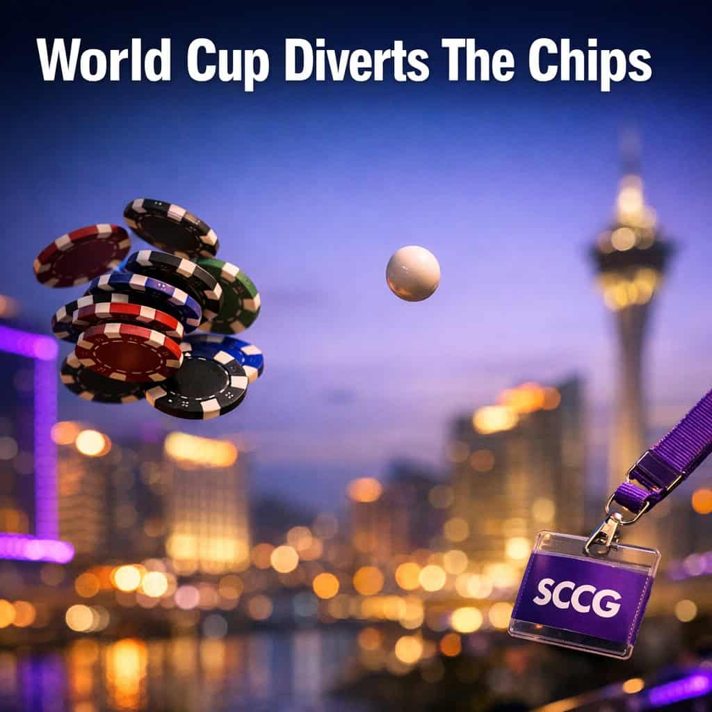 Casino chips suspended mid-air beside a spinning roulette ball against a blurred Macau skyline at dusk.
