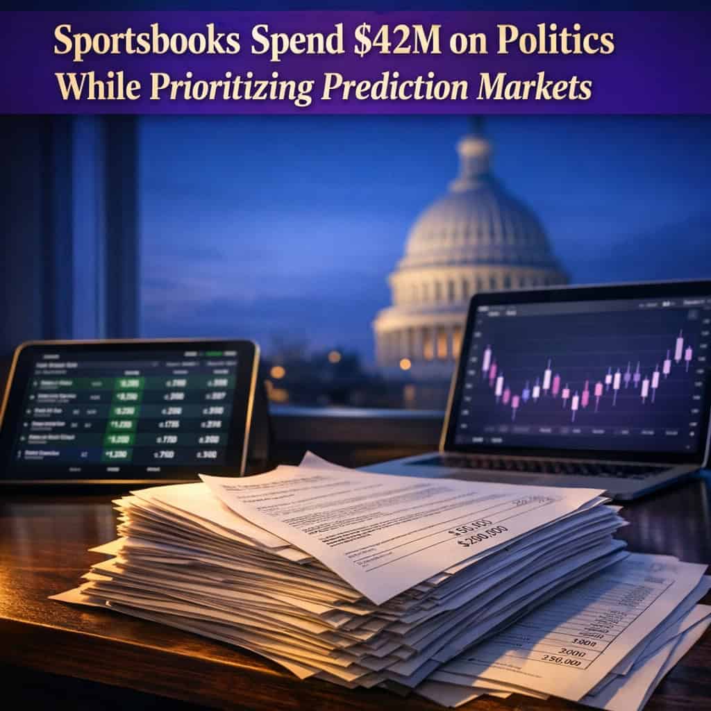 Desktop with open political finance ledgers, scattered state capitol papers, and a tablet showing sports betting odds next to a laptop running prediction market charts.