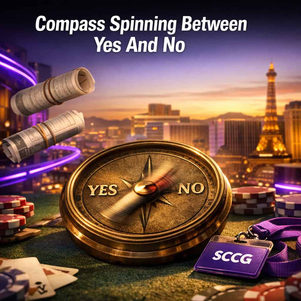 A compass needle spins rapidly between YES and NO labels while surrounded by floating sports betting contracts against a dramatic sky.