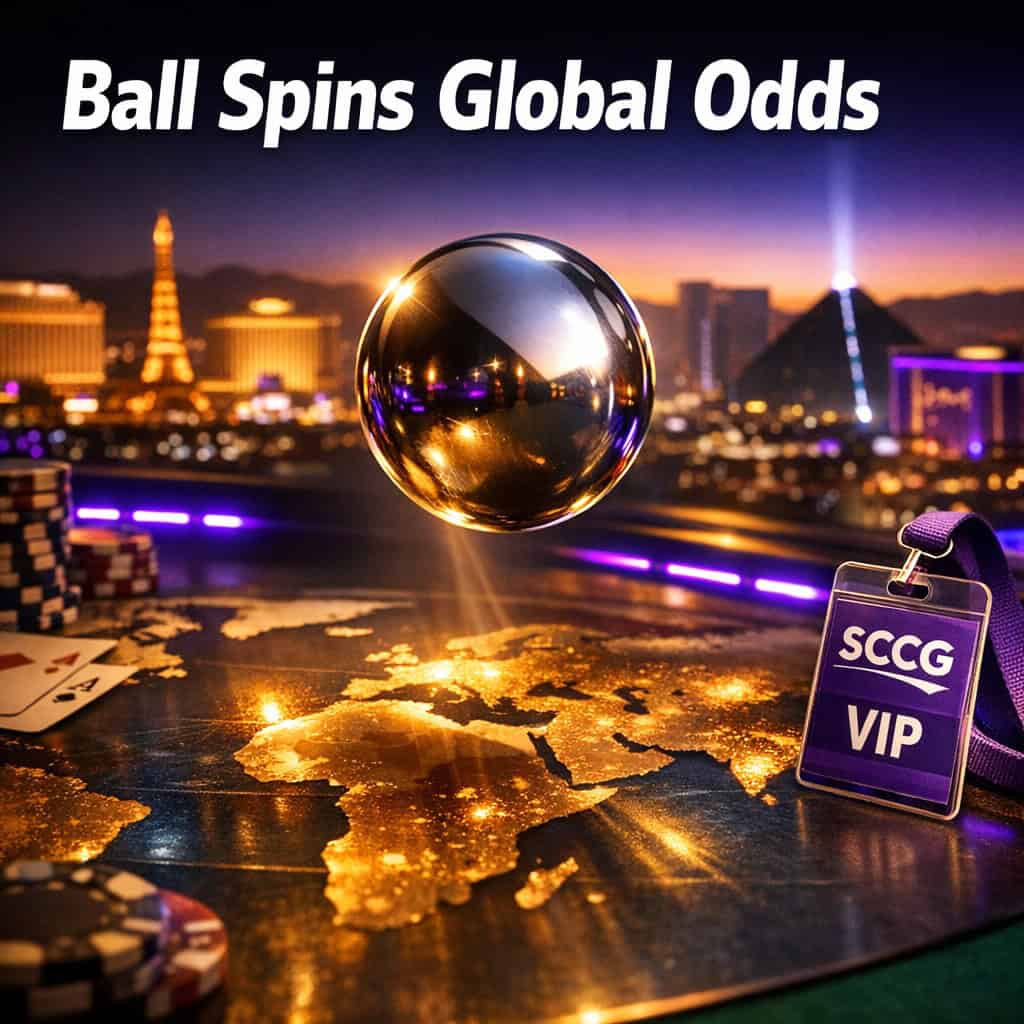 Massive roulette ball arcing across a glowing world map with dramatic rim lighting and shallow depth of field.