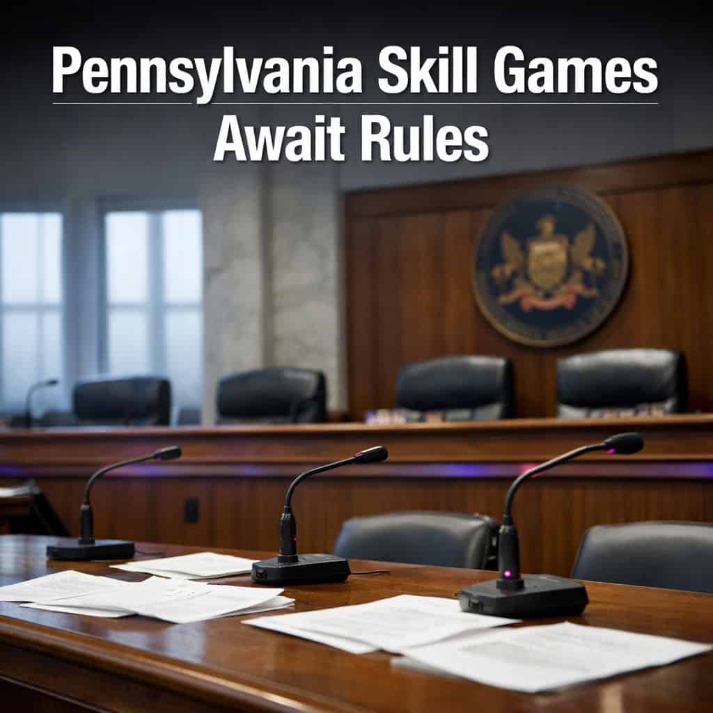 Empty Pennsylvania legislative hearing room with wooden desks, microphones, and state seal on the wall under even overcast daylight.