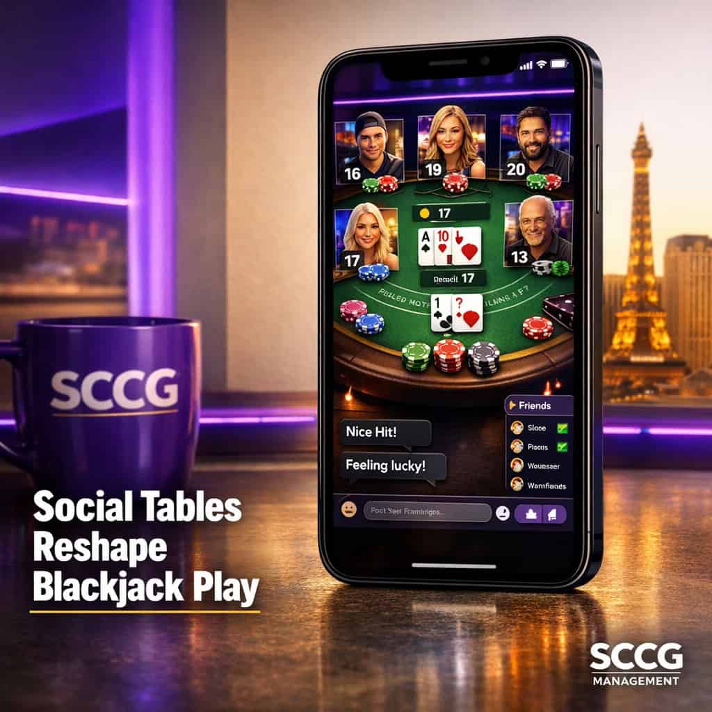Smartphone screen showing a live social blackjack table with player avatars, chat, and friends list active.