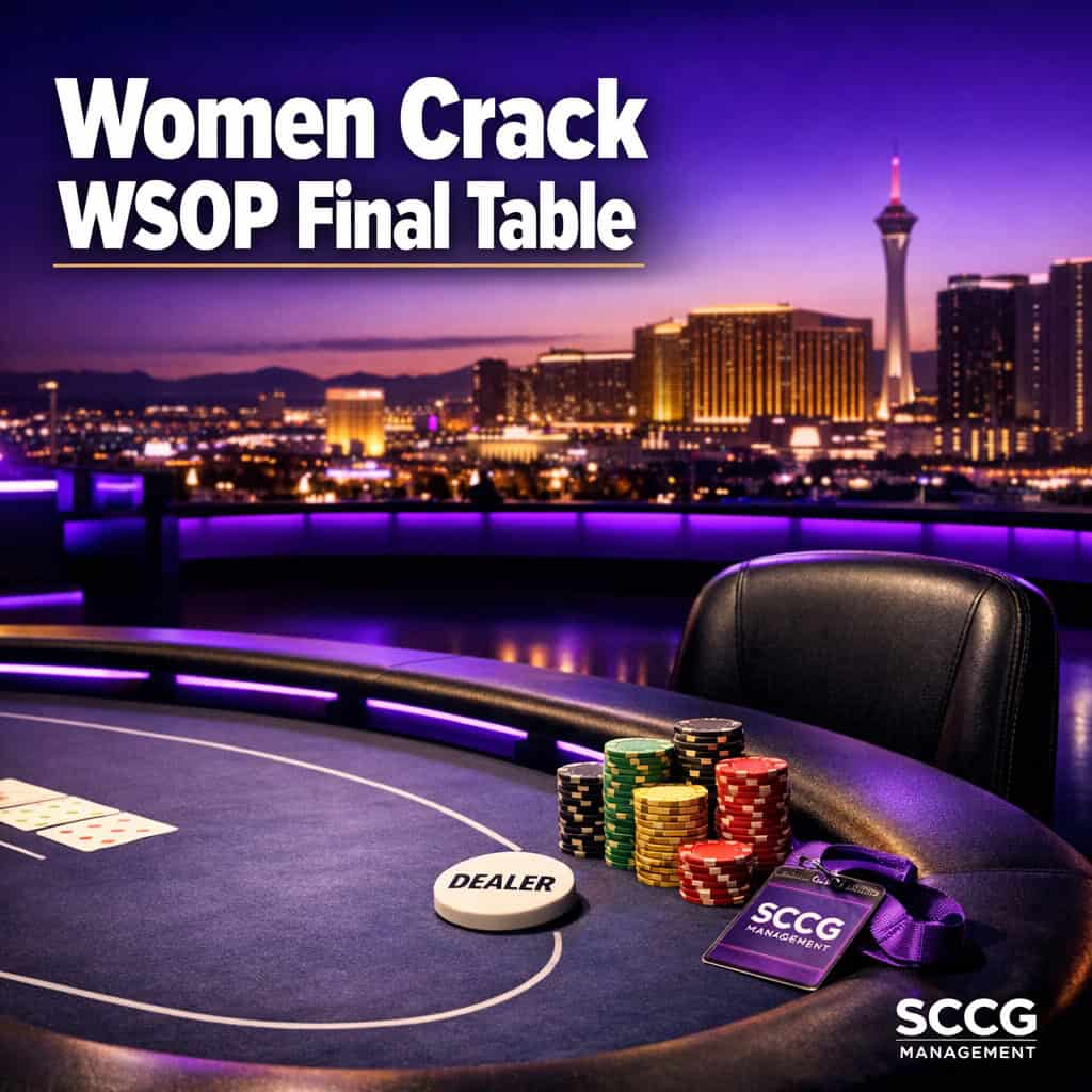 Illuminated WSOP Main Event final table felt with dealer button and chip stacks under bright arena lights, open space in upper left for headline overlay.
