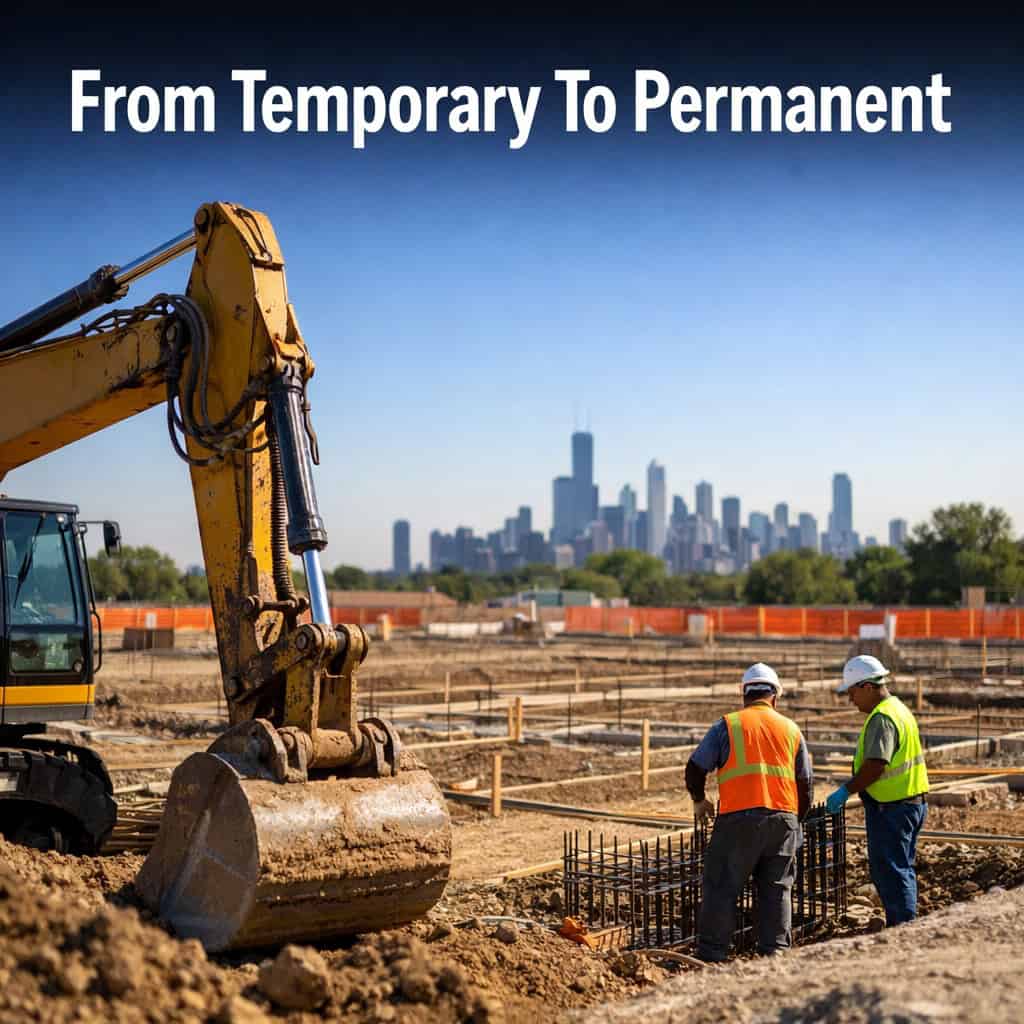 Construction crews and heavy equipment prepare the Waukegan site for the new permanent American Place Casino under a clear morning sky.