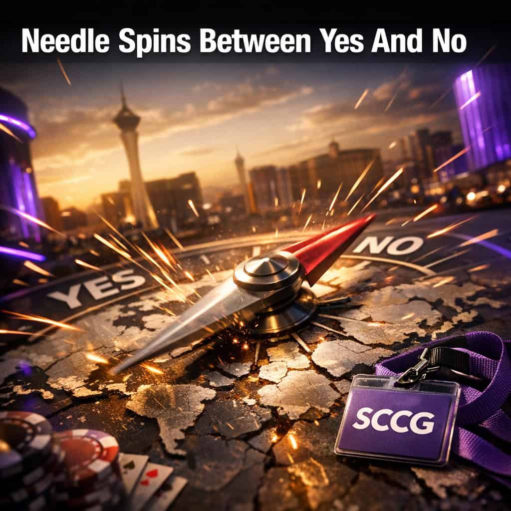 A glowing compass needle spinning wildly between YES and NO above a fractured digital map with light trails streaking outward.