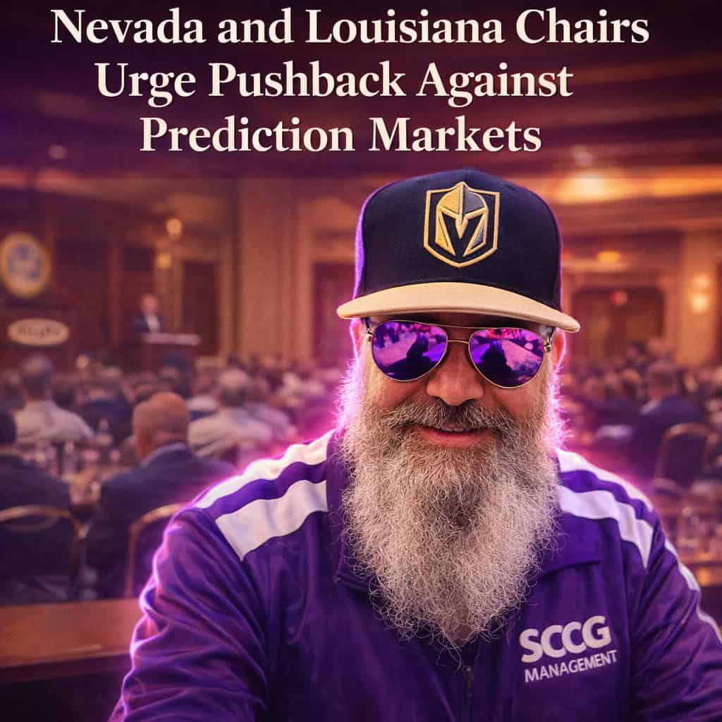 Steve in his signature cap and jacket stands in the foreground of a Las Vegas conference hall, addressing regulators at the International Conference on Gambling & Risk Taking.