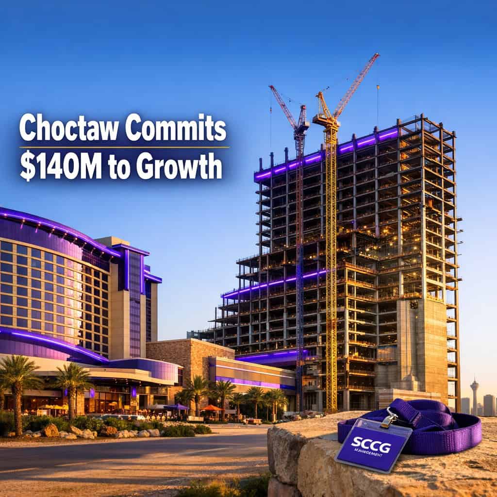 New hotel tower under construction beside the existing Choctaw Casino & Resort – Pocola, steel framework rising in bright daylight.